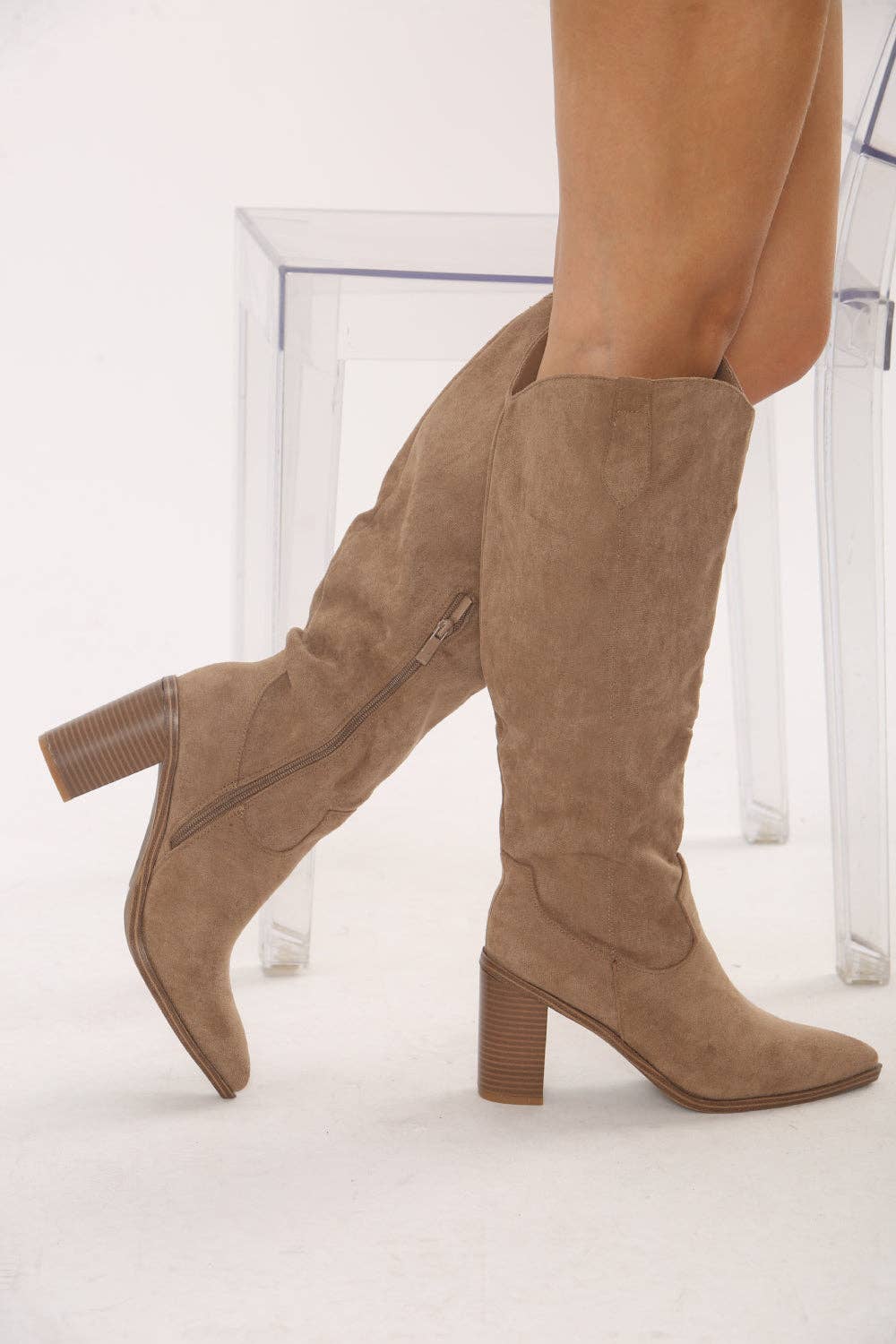 Knee High Camel Suede Cowboy Block Heel Boot for wholesale on Faire1