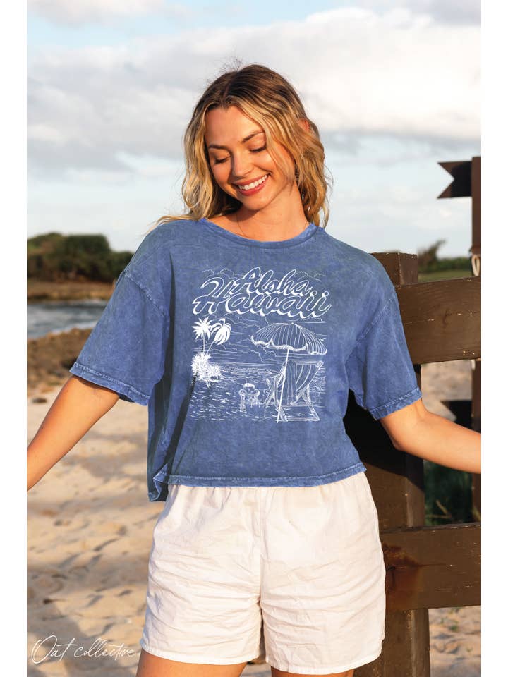 OAT COLLECTIVE - Wholesale Screen Printed T-Shirt - Women's - ALOHA HAWAII Cropped Mineral Graphic Top