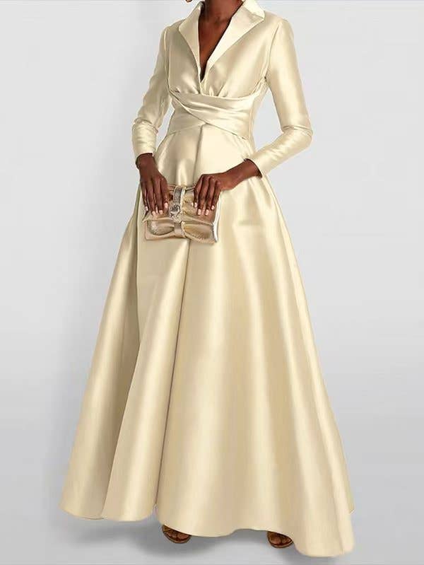 Plush Looks - Wholesale Dress - Women's - A-Line High Waisted Pleated Solid Color V-Neck Maxi Dresses0