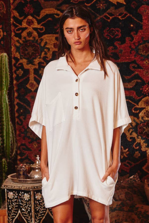 BUCKETLIST INC - Wholesale Romper - Women's - R5185 Solid Oversize Button Up Collared Romper8