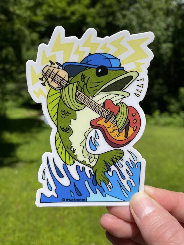 Bass (Fish) Playing Bass (Guitar) Vinyl Sticker for wholesale by Designs by Diana - twinkletaters