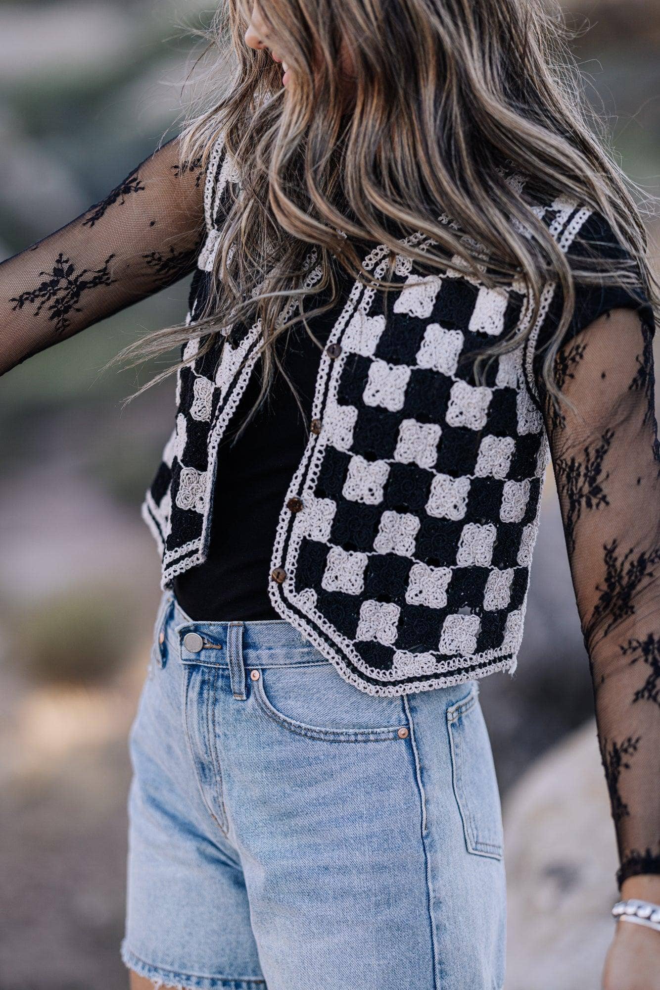 Fehrnvi Apparel - Wholesale Outerwear Vest - Women's - Cotton Crochet Checkered Vest3