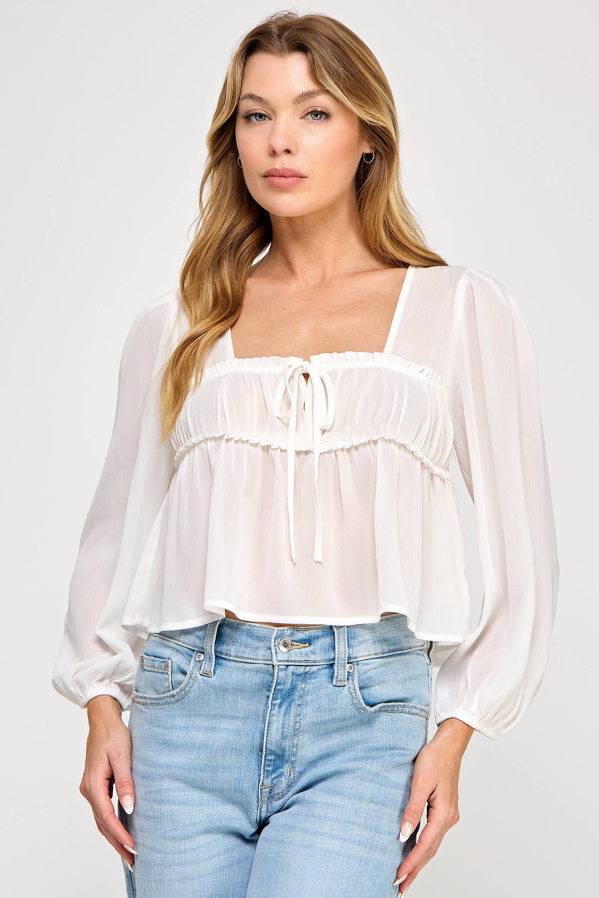 Vestis M - Vente Chemisier – femme - Haut à manches bouffantes transparentes en chiffon à encolure carrée - Noir7