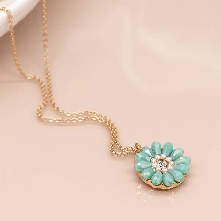 Golden Aqua Bead Daisy Necklace With Pearls for wholesale by Peace Of Mind