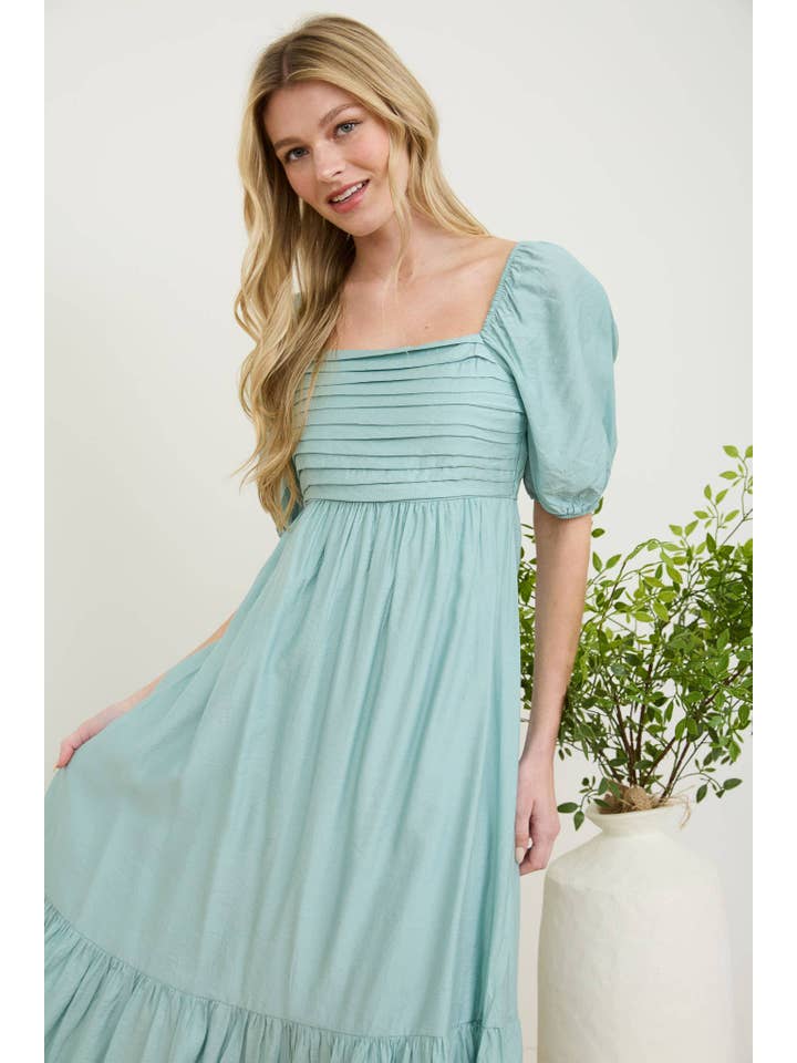 MINE - Wholesale Dress - Women's - PLEATED EMPIRE WAIST PUFF SLEEVE MIDI DRESS