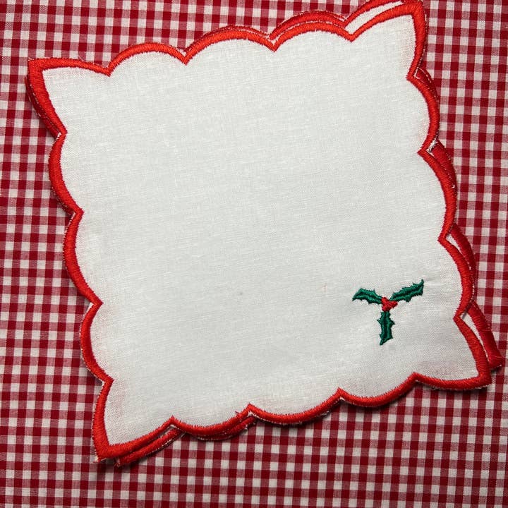Holly Scalloped Cocktail Napkins - set of 4 for wholesale by Oh Happy Day Shoppe