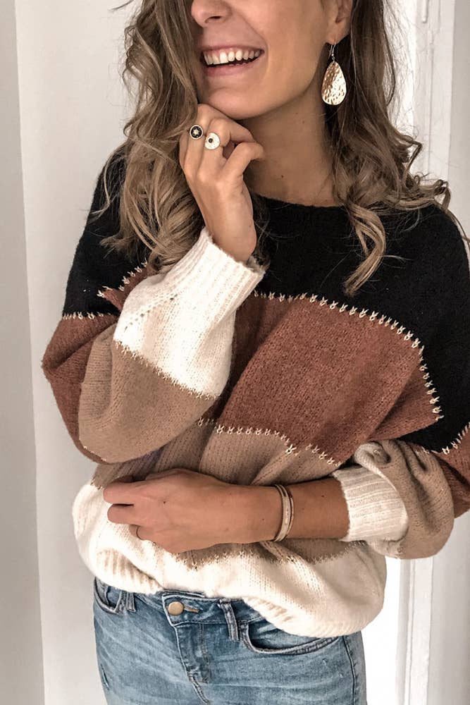 UNISHE - Wholesale Knit Sweater - Women's - Loose Color Block Pullover Knitting Sweater TOPW148612