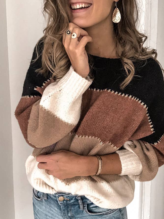 UNISHE - Wholesale Knit Sweater - Women's - Loose Color Block Pullover Knitting Sweater TOPW148612