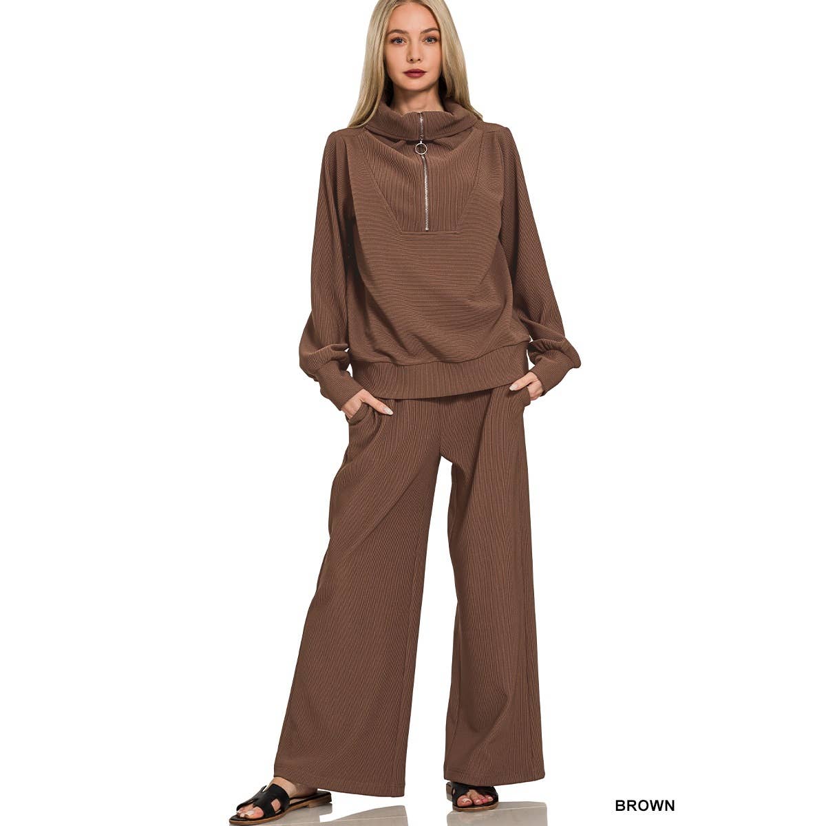 HiteJeans - Wholesale Lounge Set - Women's - Ribbed high neck half zip pullover pants set15