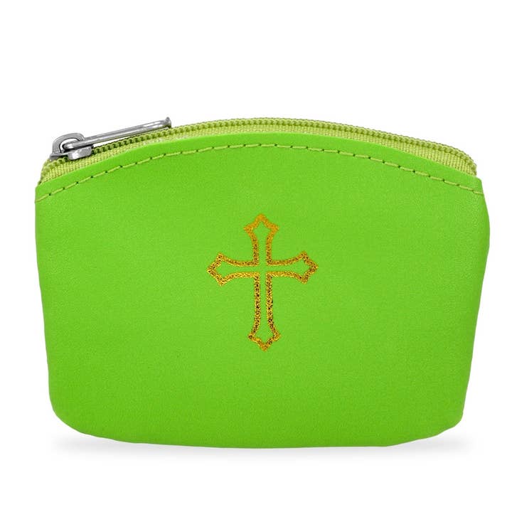 Green Rosary Pouch with Zipper and Gold Cross Imprint for wholesale by RM Trading