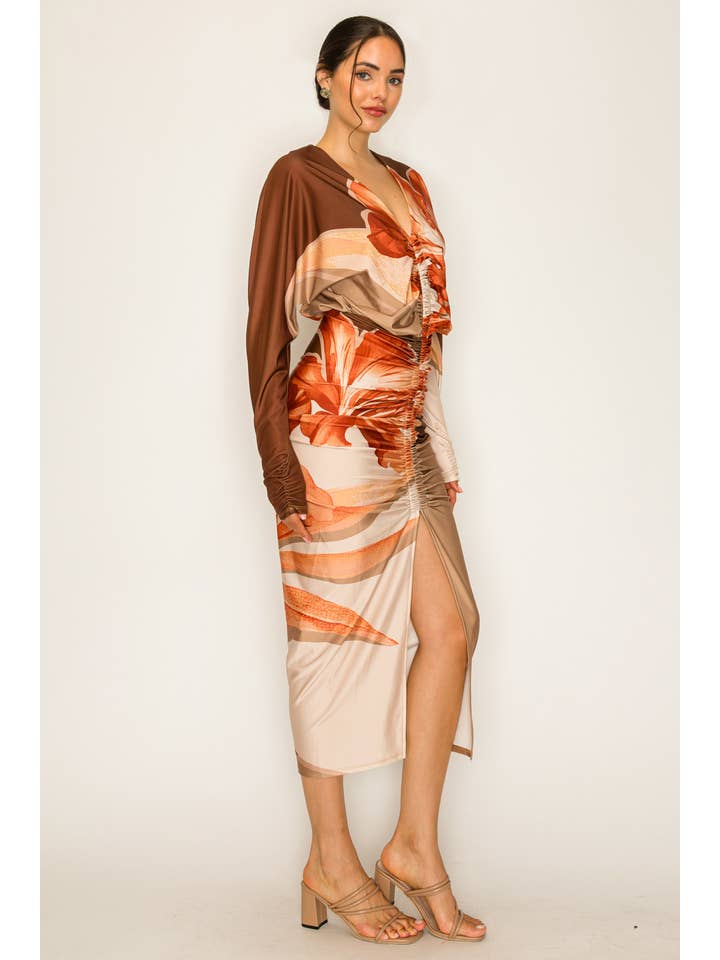 NAVY COMBO BD4049_Front Ruched V-Neck Midi Dress for wholesale on Faire9