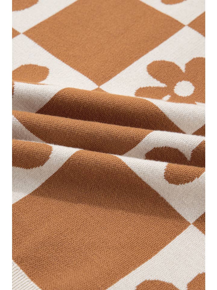 PartyEight - Wholesale Knit Sweater - Women's - Flower Plaid Henley Baggy Sweater7