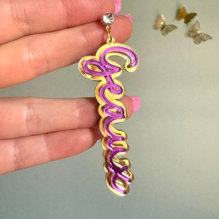 Louie Love - Wholesale Dangle Earrings - Gold Acrylic Geaux Louisiana State LSU Tigers Earrings5