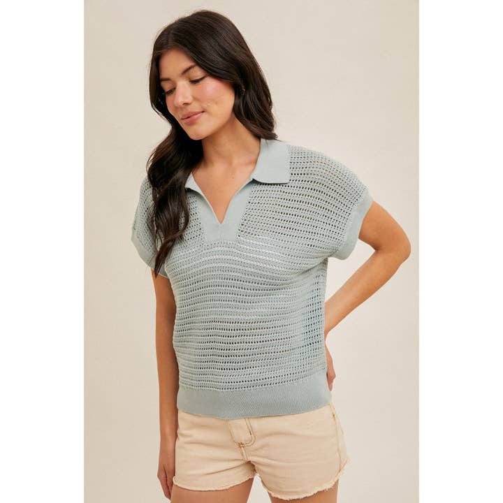 Trendig stickad tröja med öppen krage och fisknät i V-ringning för wholesale av Apolline