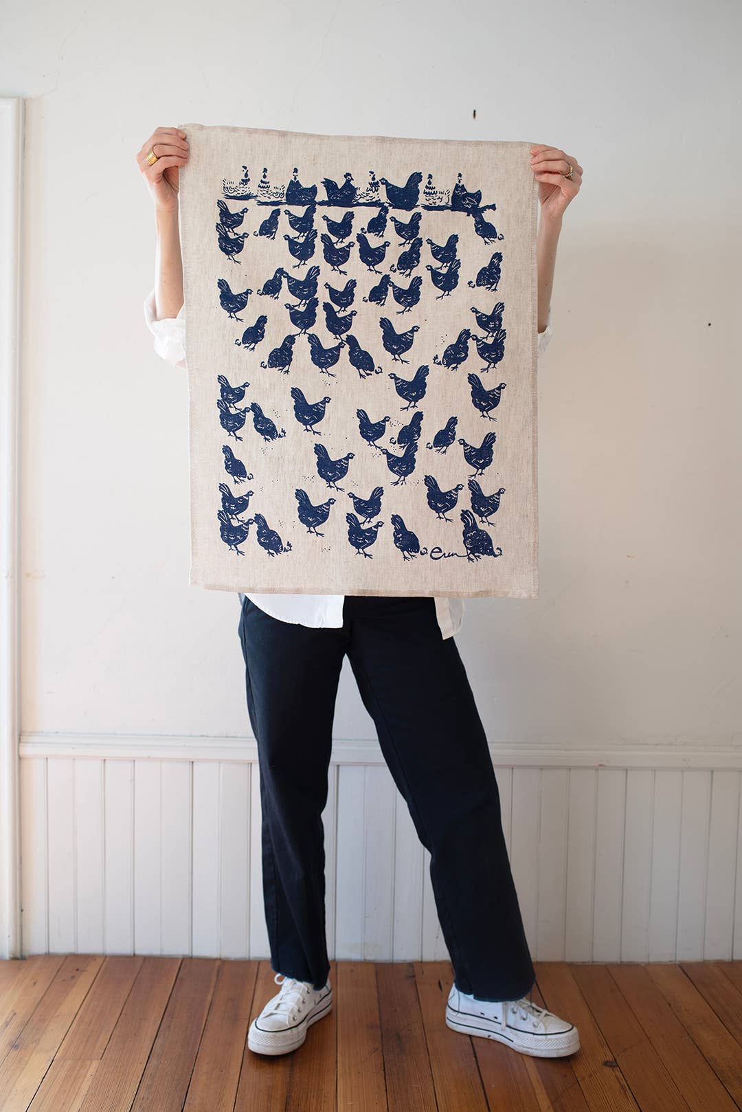 Navy Hen House Tea Towel for wholesale on Faire1