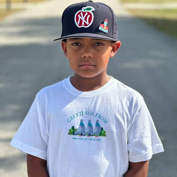 GREETINGS FROM NYC BACKYARD T-SHIRT (WHITE) for wholesale by Mini FLEX KIDS