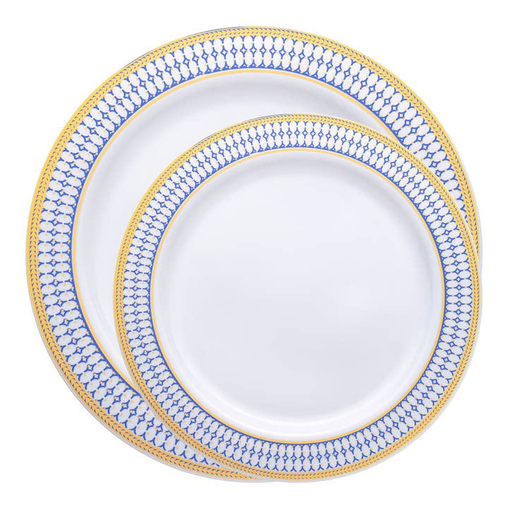 Smarty had a Party - Wholesale Dinnerware Set - White w/ Blue Gold Chord Plastic Dinnerware Set - 120 Guests1