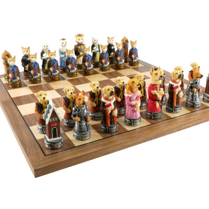 Chess Set - Cats & Dogs Resin Men on Walnut Maple Board for wholesale by WorldWise Imports