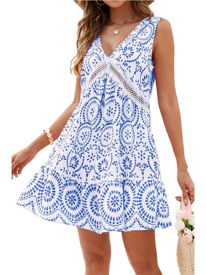 Wholesalesir - Wholesale Dress - Women's - Printed Hollow Lace V-neck Sleeveless Dress4