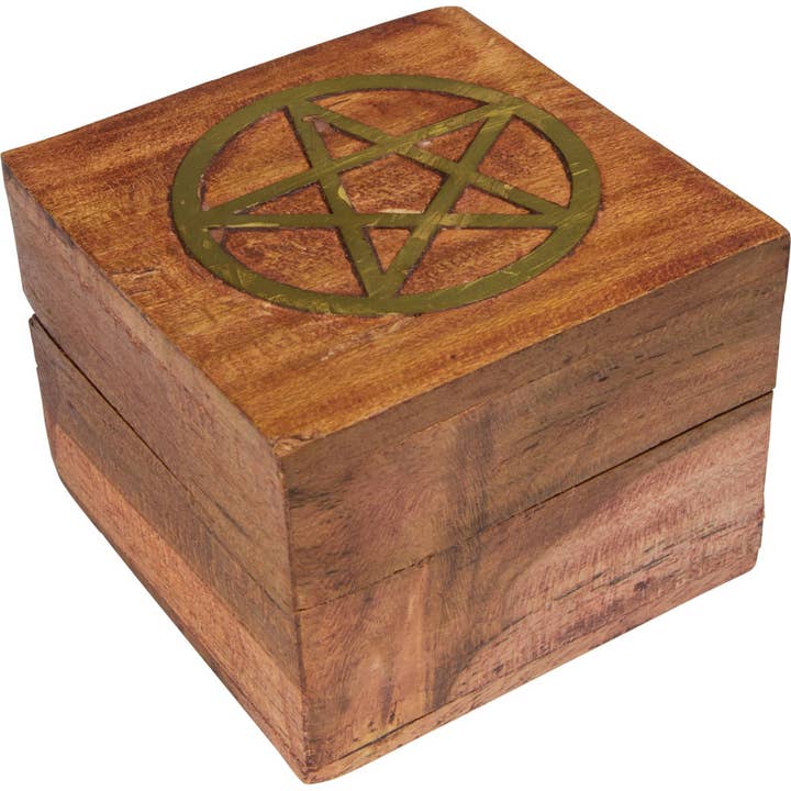 Kheops International - Wholesale Decorative Box - Acacia Wood Box Velvet Lined Brass Inlay - Pentacle (Each)