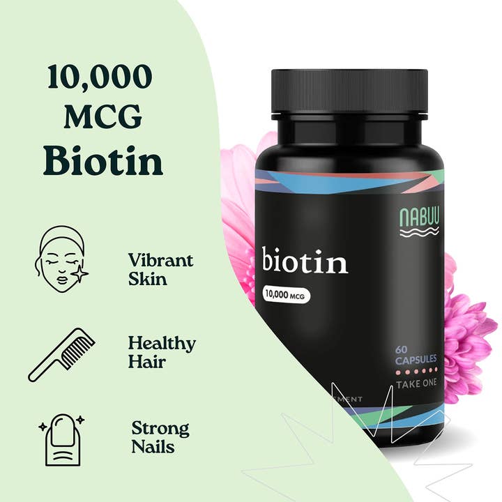 Nabuu - Venta al por mayor Suplementos/vitaminas para beber - Suplemento vitamínico de biotina Nabuu (60 cápsulas, 10,000 mcg cada una)