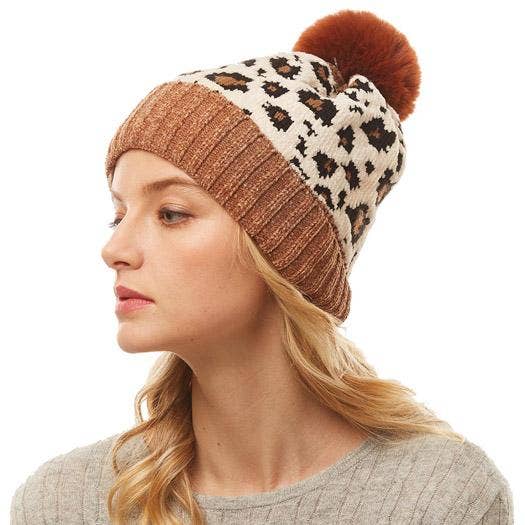 white leopard print beanie