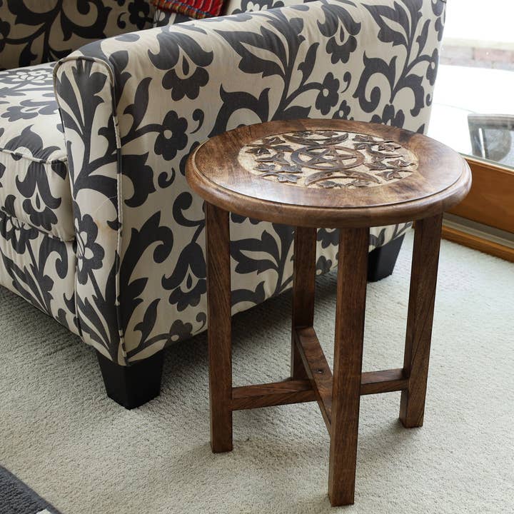 Lungta Imports - Wholesale Vase - Hand Carved Wooden Round Meditation Table. Altar Table. Prayer Table. Puja. Shrine Table . Side or End Table 19 Inches High5