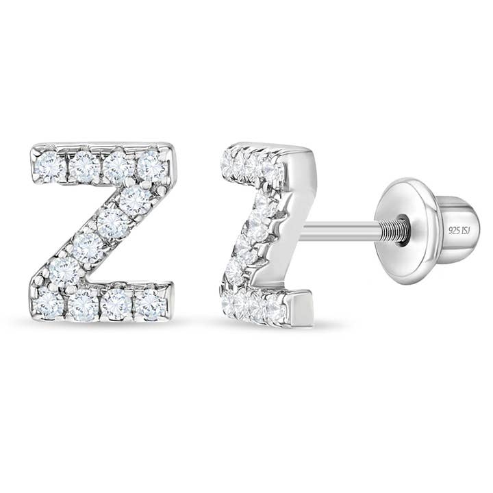 In Season Jewelry - Wholesale Earrings - Kids - CZ Letter Initial Girls / Kids Earrings - Sterling Silver5