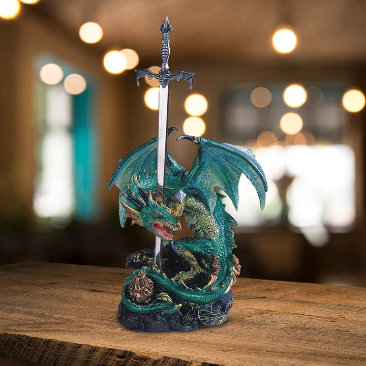 FC Design - Wholesale Decorative Figurine - 8"H Medieval Green/Blue Dragon Sword Figurine Home Decor