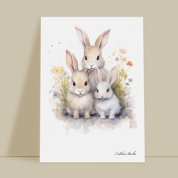 Muurdecoratie voor babyfamiliekamer met konijnen - realistisch aquareldierenthema voor wholesale door L'atelier Toudou