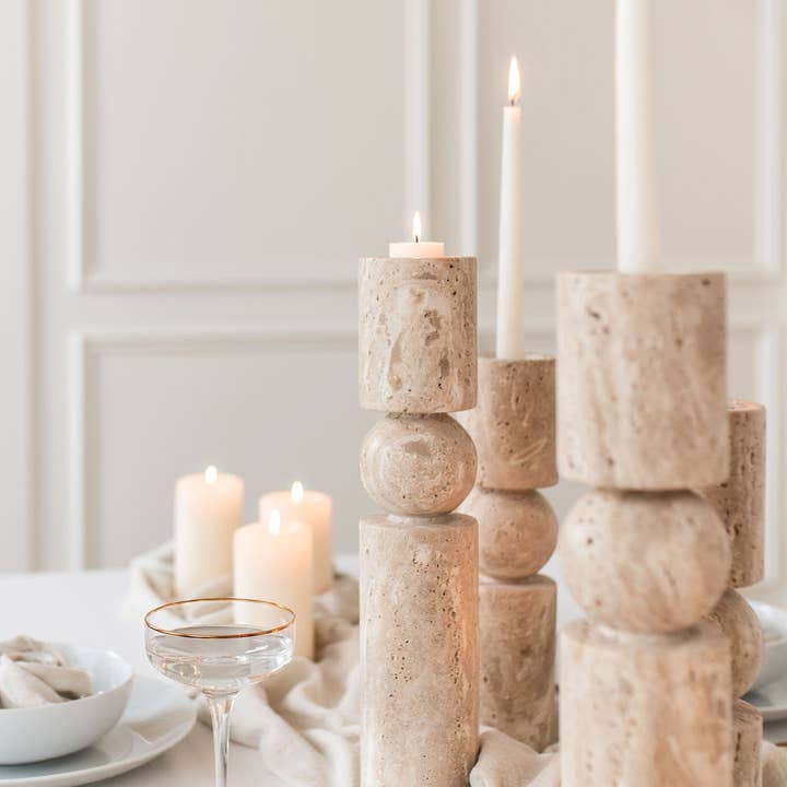 Bluum Maison - Wholesale Candle holder - Travertine Stone Candle Holders | Dual Taper + Tealight5