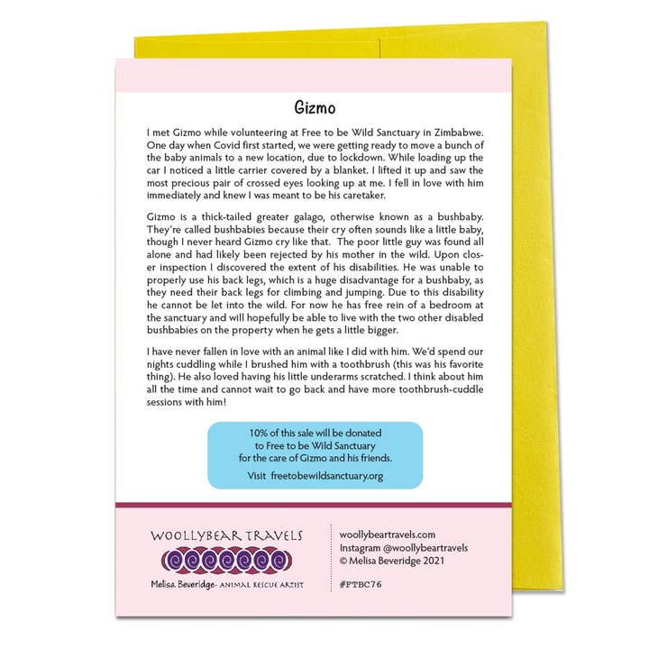Woollybear Travels – Großhandel Grußkarten für den Alltag – Afrikanische Tier-Grußkarte — Gizmo the Bushbaby1