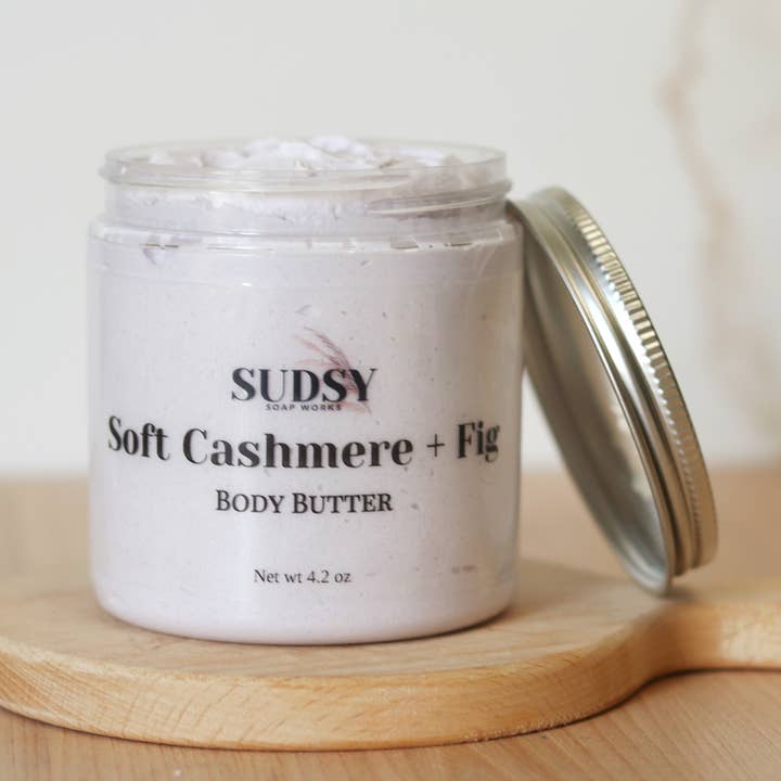 Soft Cashmere + Fig Body Butter for wholesale by Sudsy Soap Works LLC
