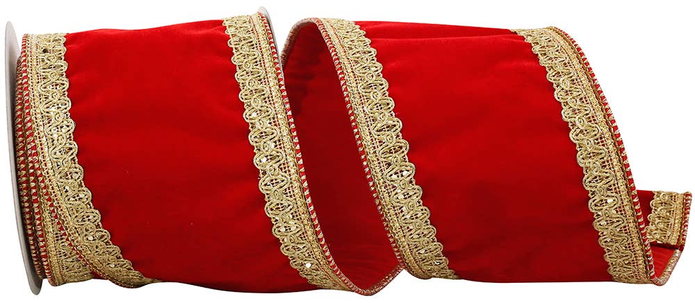 RELIANT RIBBON - Wholesale Ribbon - Gift Wrapping - Velvet Royalty Trim Wired Edge, Red, 4 In, 5 Yards0