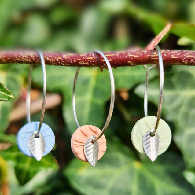 Dainty Minimalist Polymer Clay and Leaf Charm Hoop Earrings for wholesale by Green Grove Designs