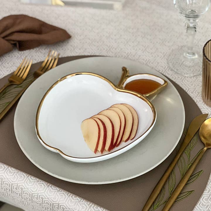 Boker-Tov Shalom - Wholesale Decorative Plate/Dish/Bowl - Ceramic Apple Shaped Dish with Gold Trim4