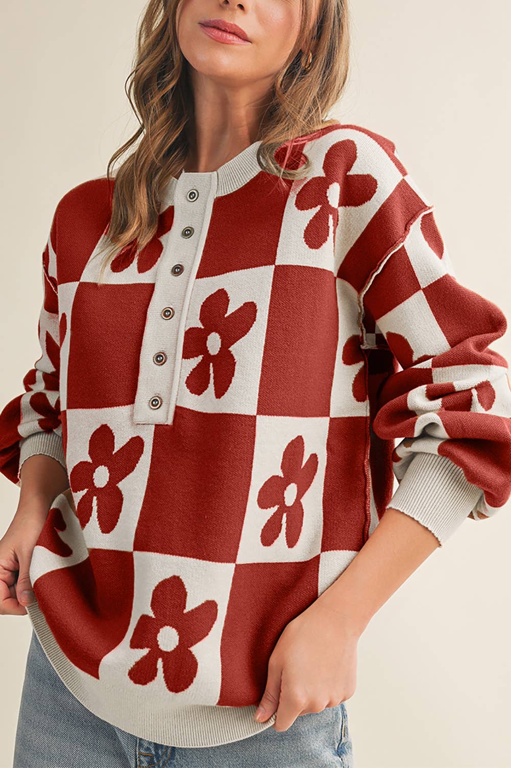 Aapparella - Vente Pull en maille – femme - Cardigan à boutons avec blocs de couleur à carreaux et fleurs | S-XL5