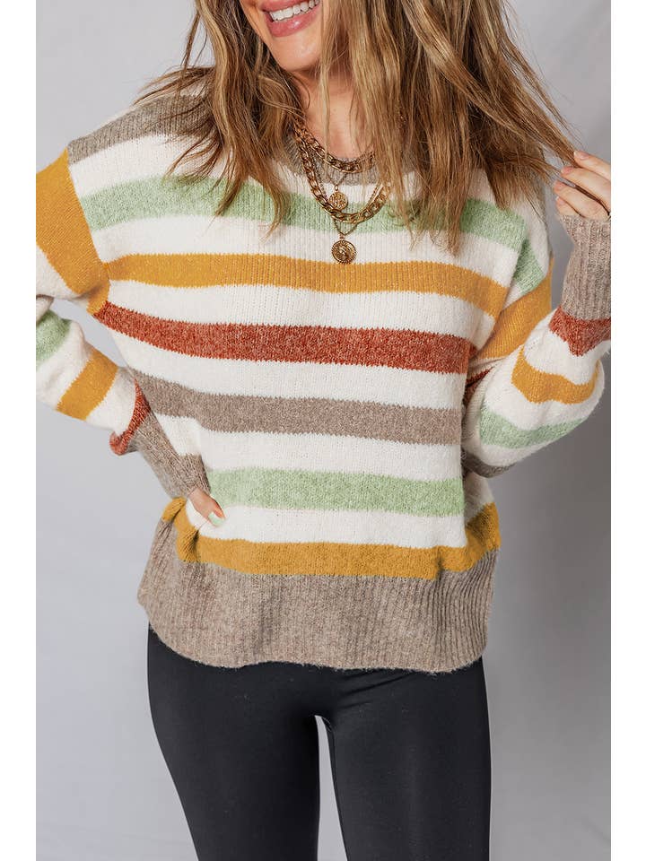 Multicolour Stripe Colorblock Drop Shoulder Crewneck Sweater for wholesale on Faire2