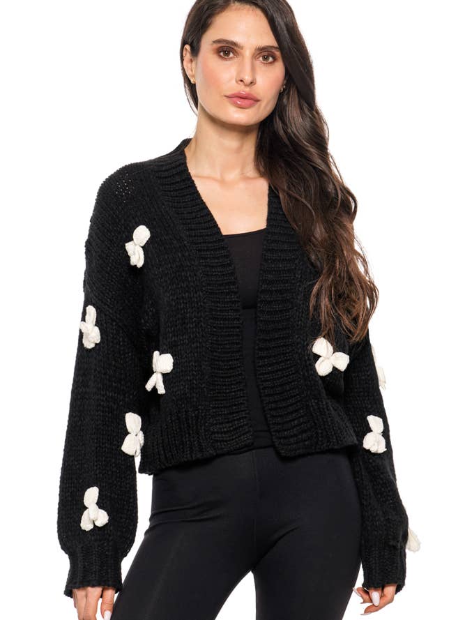 AD2502 - Chunky Knit Cropped Cardigan with Bow Accents – BlK for wholesale by Adore