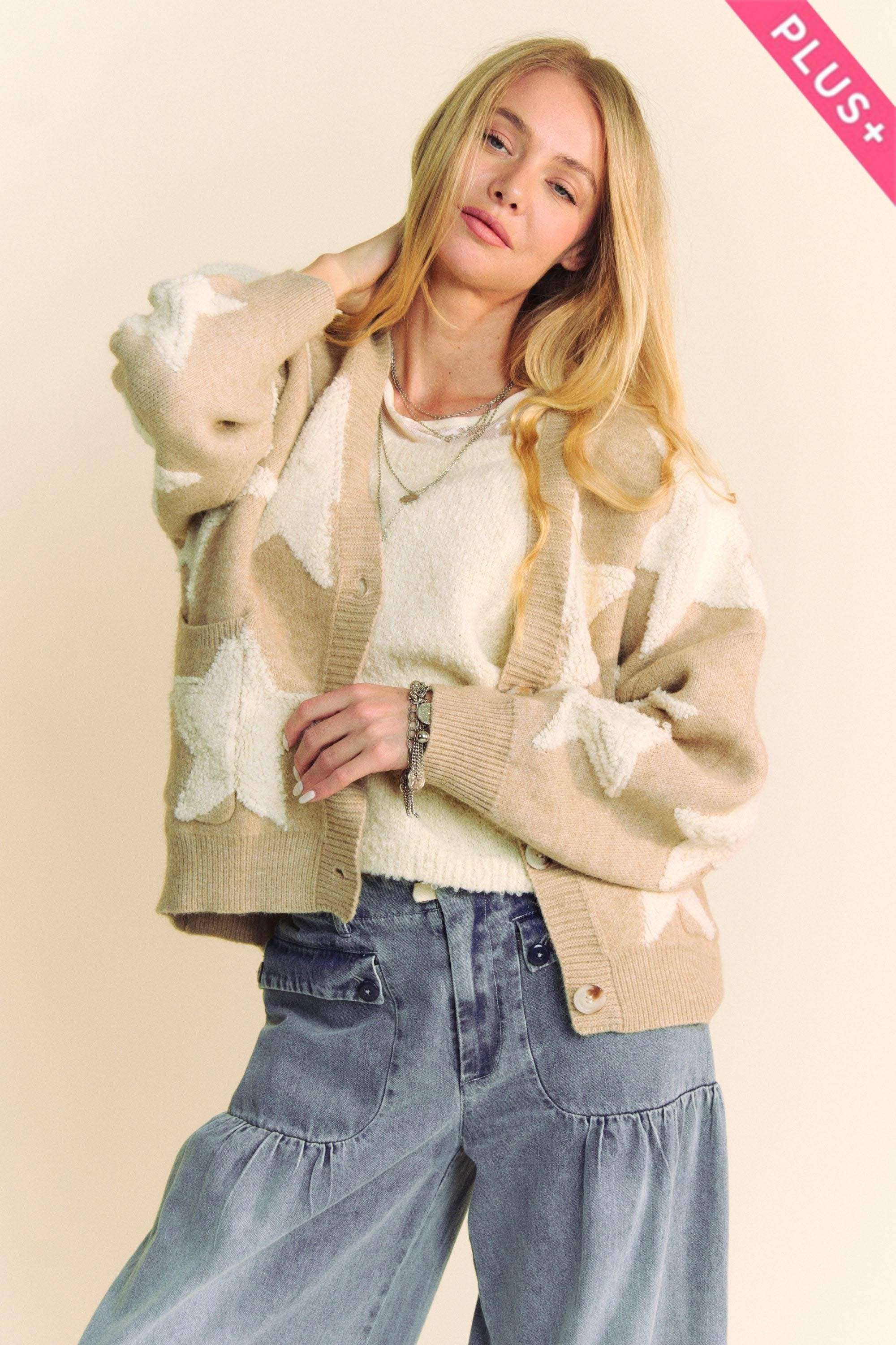 Davi & Dani - Wholesale Cardigan - Women's - PLUS FUZZY STAR LOOSE FIT BUTTON DOWN CARDIGAN7