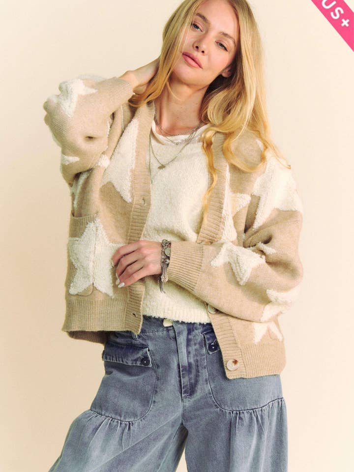 Davi & Dani - Wholesale Cardigan - Women's - PLUS FUZZY STAR LOOSE FIT BUTTON DOWN CARDIGAN7