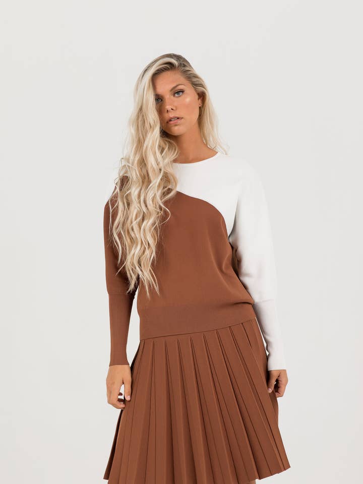 Pleated Wonder Skirt In Cocoa for wholesale by Aleeza Paris