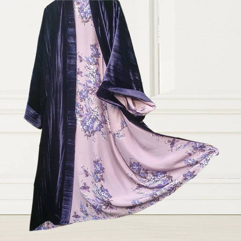 Plusee - Wholesale Dress - Women's - Plus Size Korean Velvet Long Belt Satin Digital Floral Cardigan Sleep Dress9