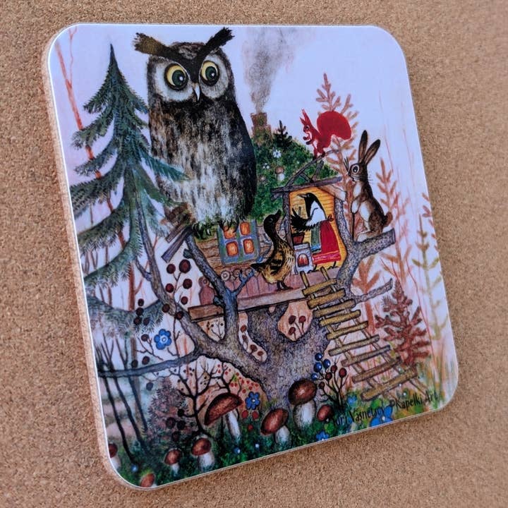 Woodland animals. Magpie’s guests cork coaster for wholesale by Kapelki Art