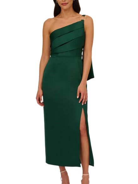 Adrianna Papell Asymmetrical Neck One Shoulder Pleated Bodice Metal Ring Accent Slit Side Satin Crepe Gown for wholesale by Immediate Apparel