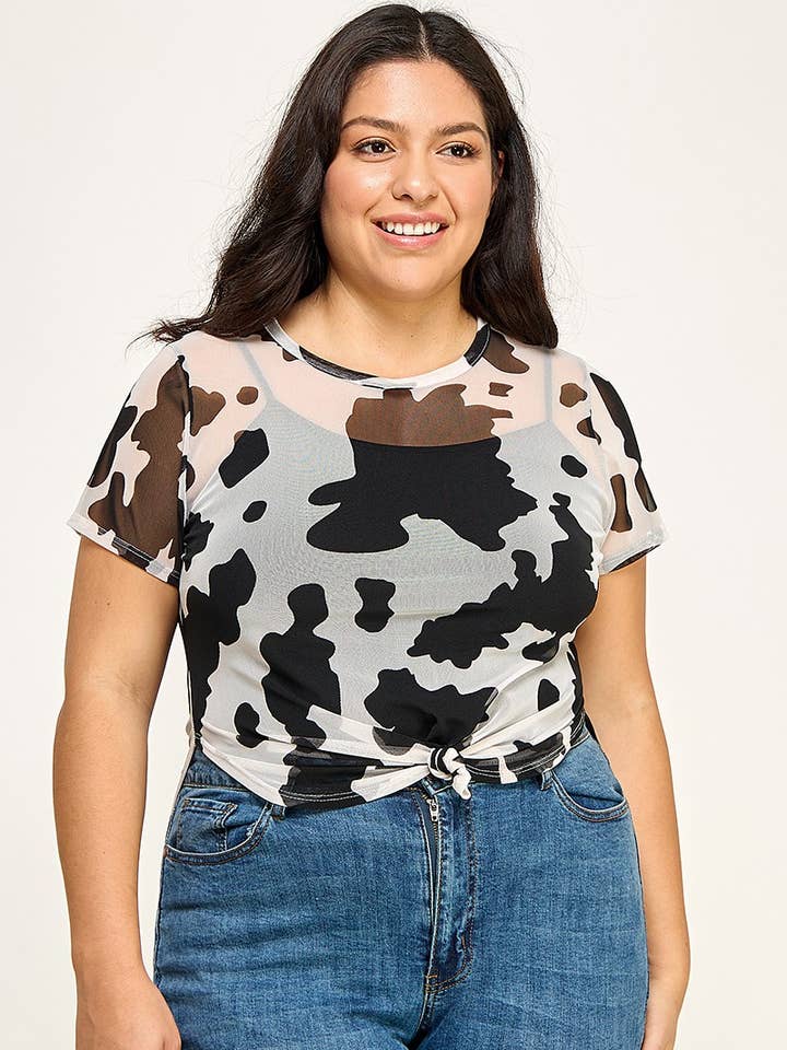 Plus Size Cow Print Mesh Tee - WG17481-4T for wholesale by Haute Fox Plus Size & Contemporary