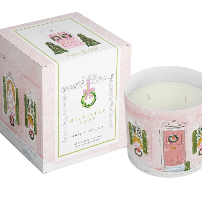 PINK CHRISTMAS SCENIC HOUSE CANDLE- MISTLETOE LANE for wholesale by Rebecca Illustrated