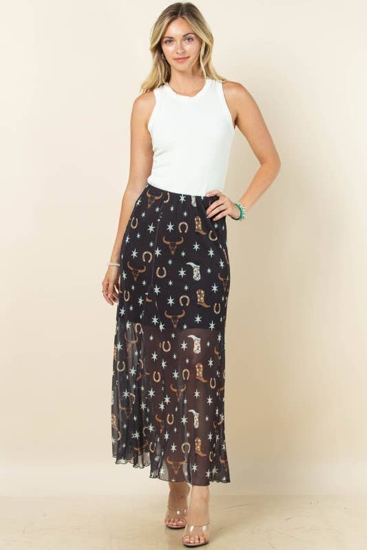 Svart/Khaki/Elfenben AS1300-DEMI VÄSTERLÄNDSKA ELEMENT TRYCKT FODRAD MAXI MESH KJOL för wholesale på Faire13