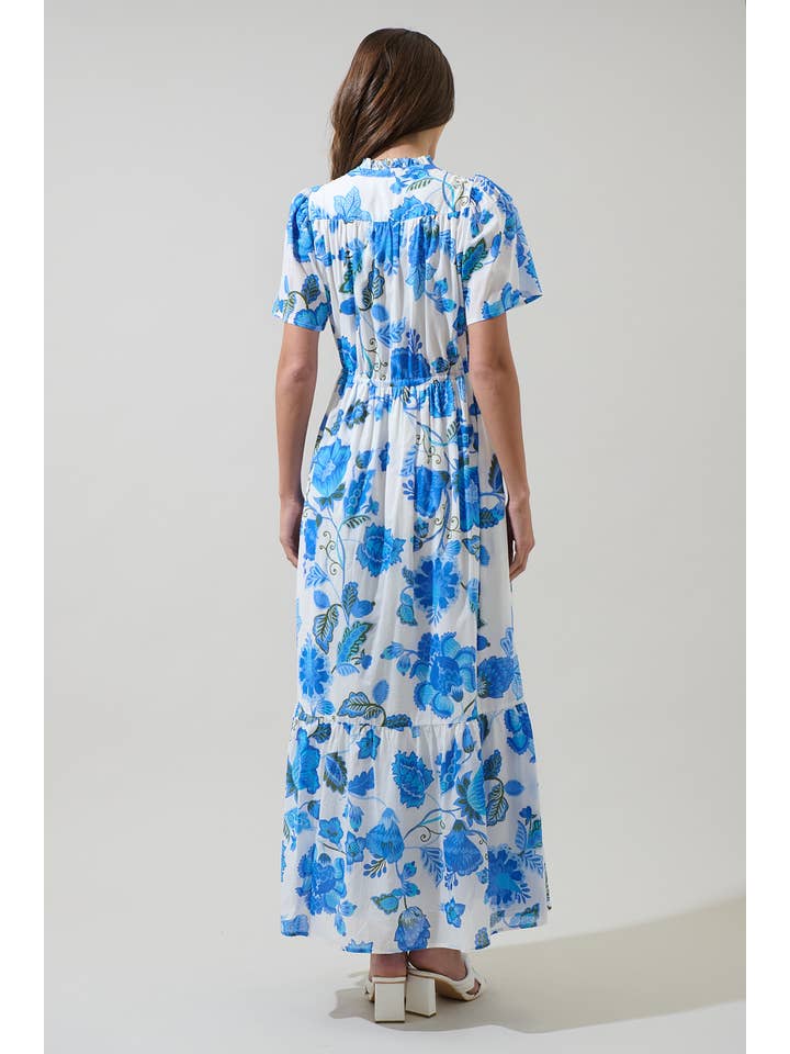 WHITE BLUE GREEN Samian Floral Kissa Button Down Maxi Dress for wholesale on Faire1