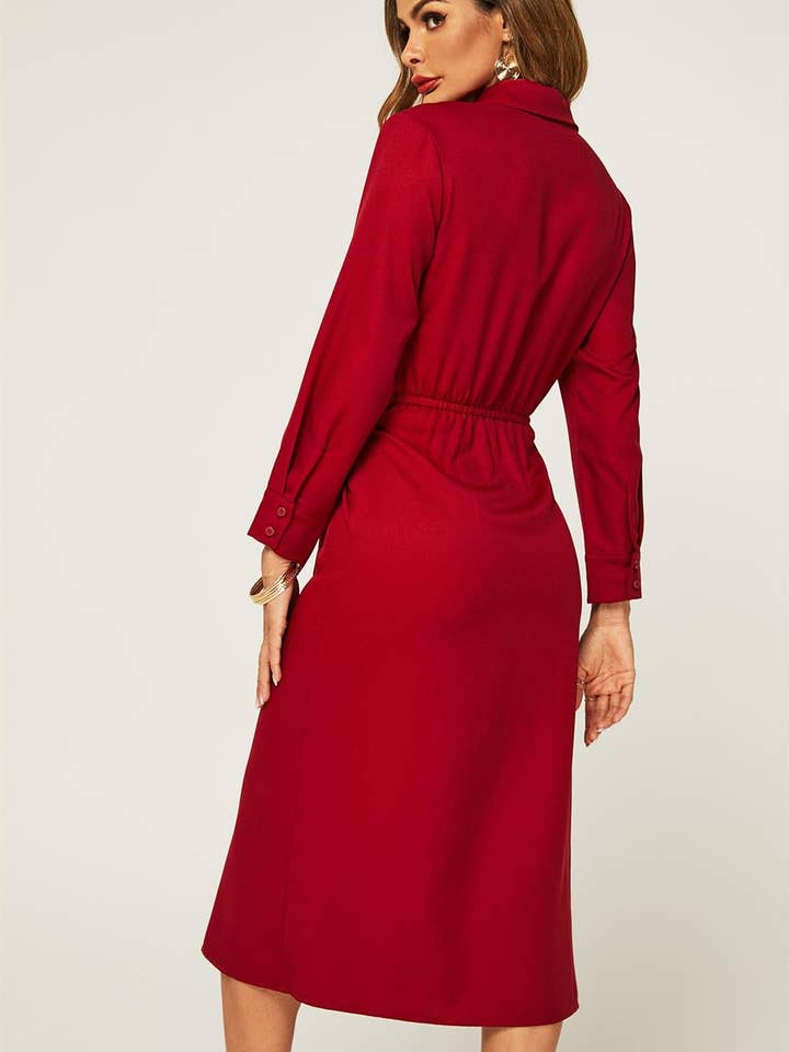 FS Collection - Wholesale Dress - Women's - Wine Red Midi Shirt Dress With Tie Waist